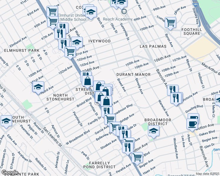 map of restaurants, bars, coffee shops, grocery stores, and more near 1579 Chandler Street in Oakland