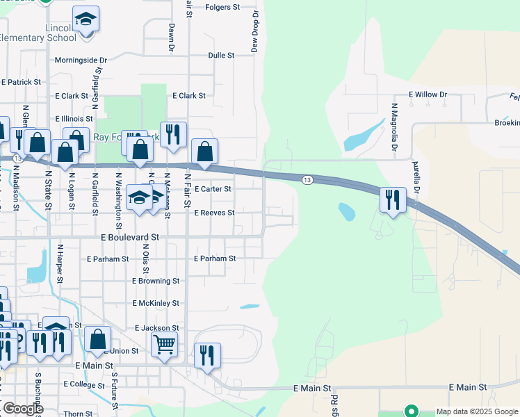 map of restaurants, bars, coffee shops, grocery stores, and more near 1002 North Radcliffe Street in Marion
