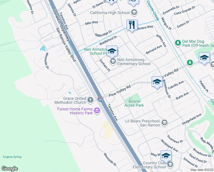 map of restaurants, bars, coffee shops, grocery stores, and more near 25 Marilyn Place in San Ramon