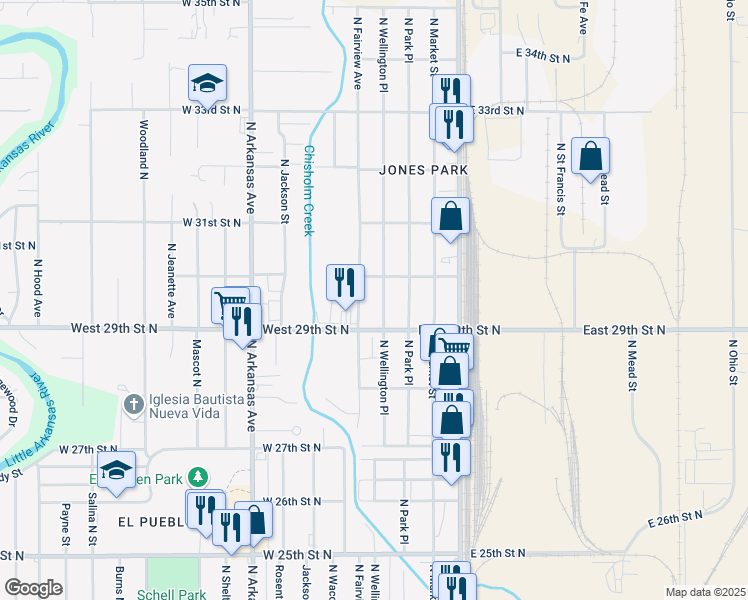map of restaurants, bars, coffee shops, grocery stores, and more near 3019 North Wellington Place in Wichita