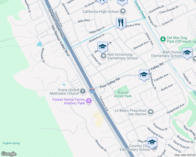 map of restaurants, bars, coffee shops, grocery stores, and more near 20 Marilyn Place in San Ramon