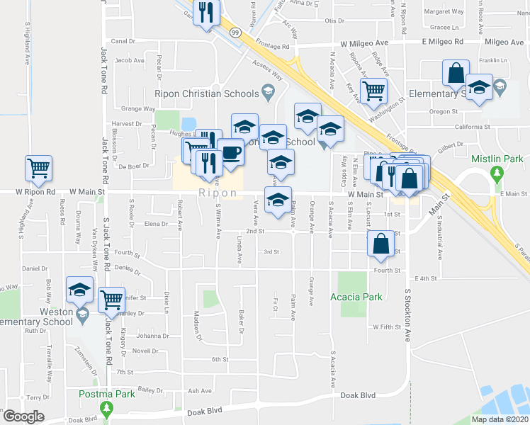 map of restaurants, bars, coffee shops, grocery stores, and more near 200 Vera Avenue in Ripon