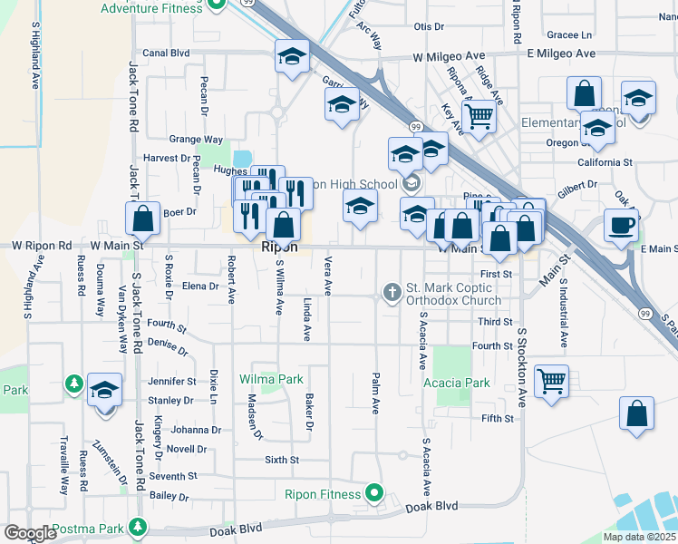 map of restaurants, bars, coffee shops, grocery stores, and more near 200 Vera Avenue in Ripon