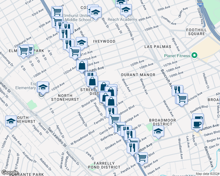 map of restaurants, bars, coffee shops, grocery stores, and more near 1502 Tucker Street in Oakland
