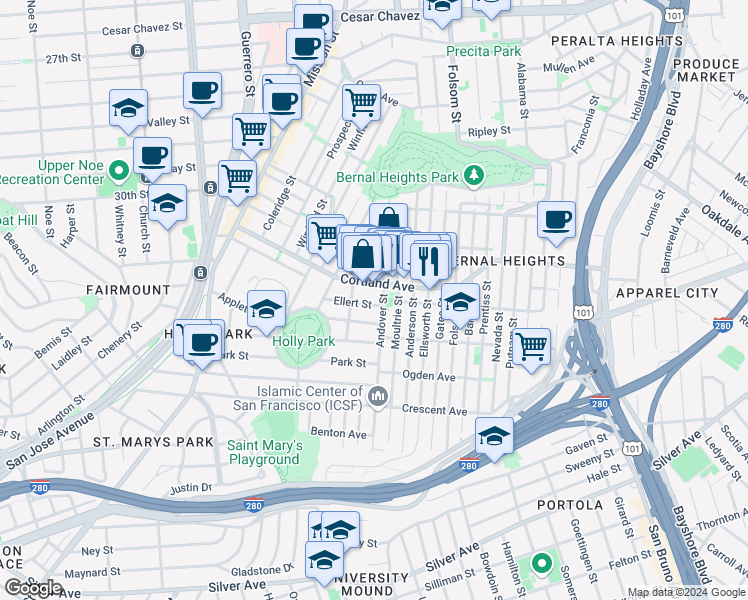 map of restaurants, bars, coffee shops, grocery stores, and more near 320 Andover Street in San Francisco