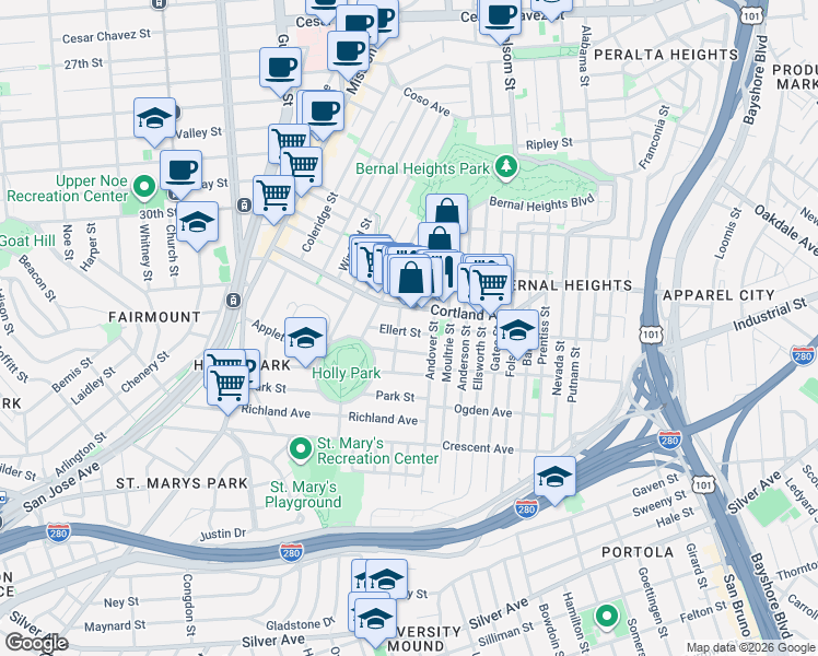map of restaurants, bars, coffee shops, grocery stores, and more near 45 Ellert Street in San Francisco