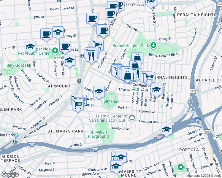 map of restaurants, bars, coffee shops, grocery stores, and more near 55 Holly Park Circle in San Francisco