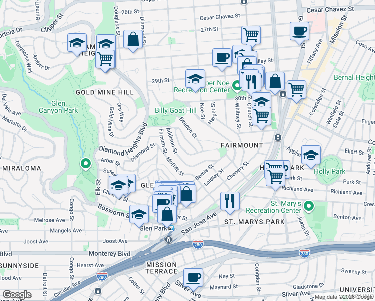 map of restaurants, bars, coffee shops, grocery stores, and more near in San Francisco