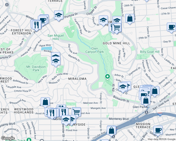 map of restaurants, bars, coffee shops, grocery stores, and more near 35 El Sereno Court in San Francisco