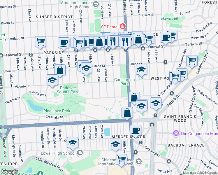 map of restaurants, bars, coffee shops, grocery stores, and more near 2635 21st Avenue in San Francisco