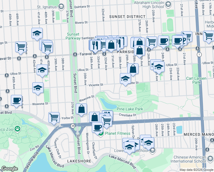 map of restaurants, bars, coffee shops, grocery stores, and more near 2137 Vicente Street in San Francisco