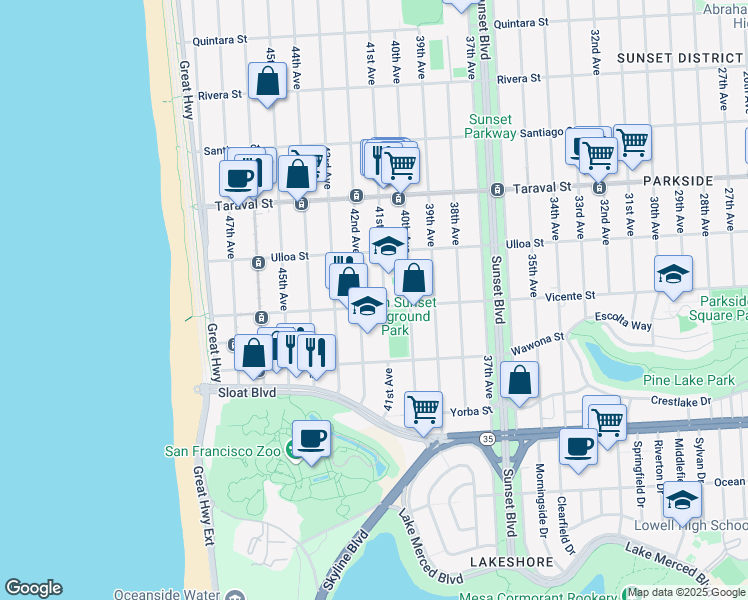 map of restaurants, bars, coffee shops, grocery stores, and more near 2594 41st Avenue in San Francisco