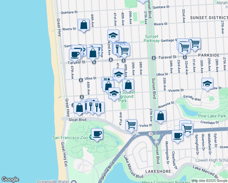 map of restaurants, bars, coffee shops, grocery stores, and more near 3100 Vicente Street in San Francisco