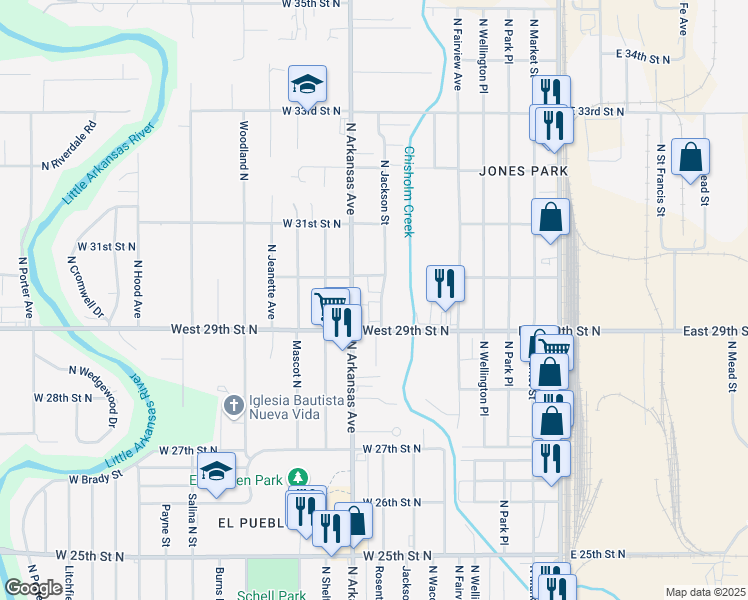 map of restaurants, bars, coffee shops, grocery stores, and more near 3037 Jackson North Avenue in Wichita
