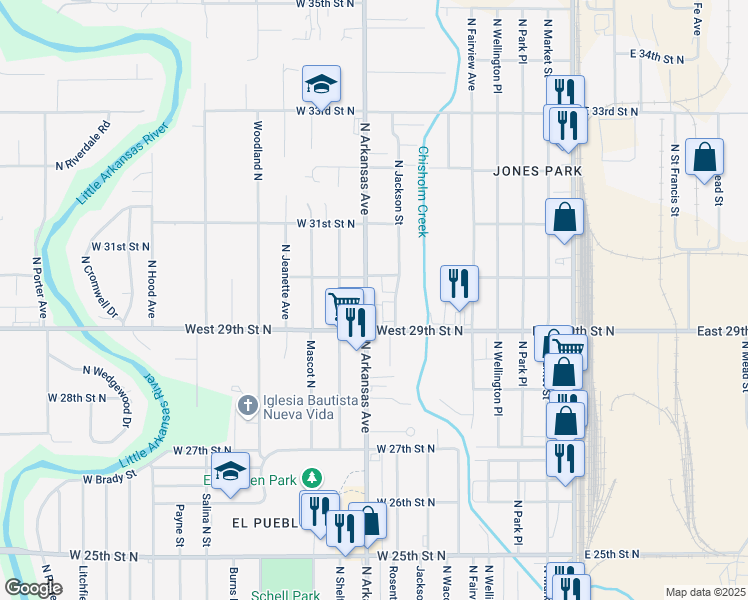 map of restaurants, bars, coffee shops, grocery stores, and more near 3037 Jackson North Avenue in Wichita