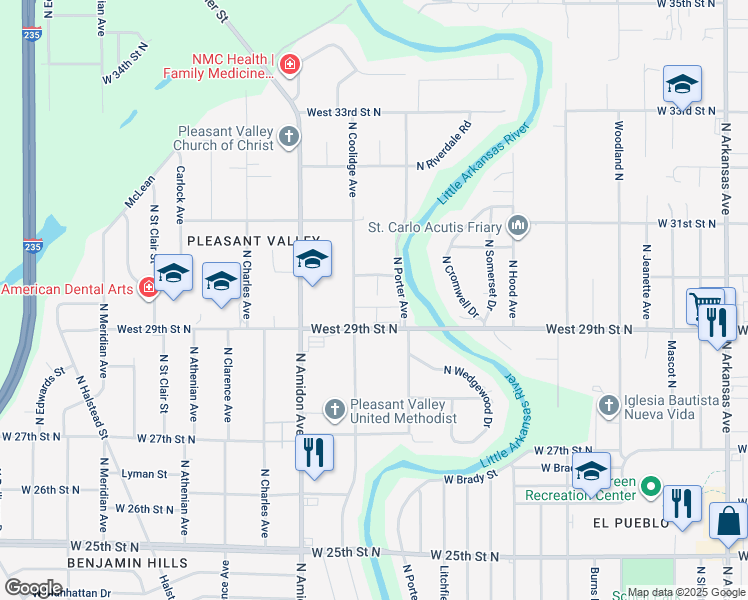 map of restaurants, bars, coffee shops, grocery stores, and more near 3032 N Coolidge Ave in Wichita