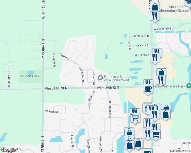 map of restaurants, bars, coffee shops, grocery stores, and more near 3102 North Shefford Street in Wichita