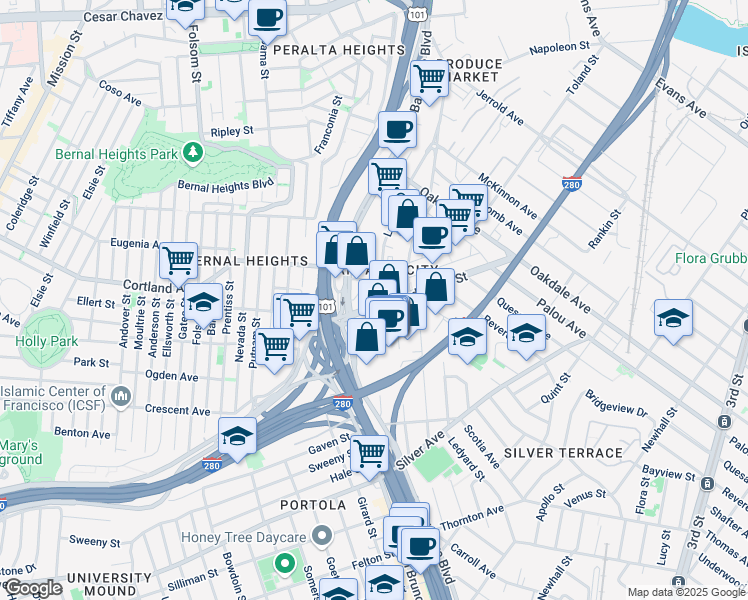 map of restaurants, bars, coffee shops, grocery stores, and more near 250 Industrial St in San Francisco