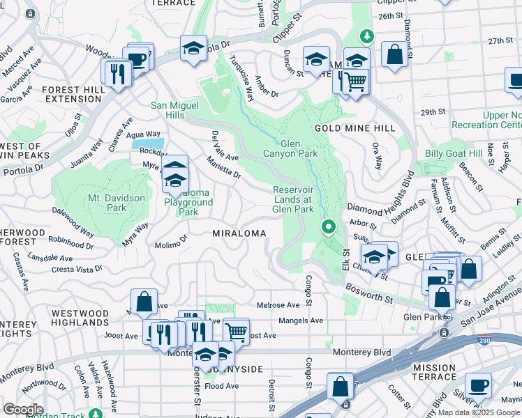 map of restaurants, bars, coffee shops, grocery stores, and more near 35 El Sereno Court in San Francisco