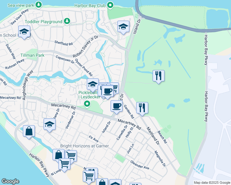 map of restaurants, bars, coffee shops, grocery stores, and more near 801 Island Drive in Alameda