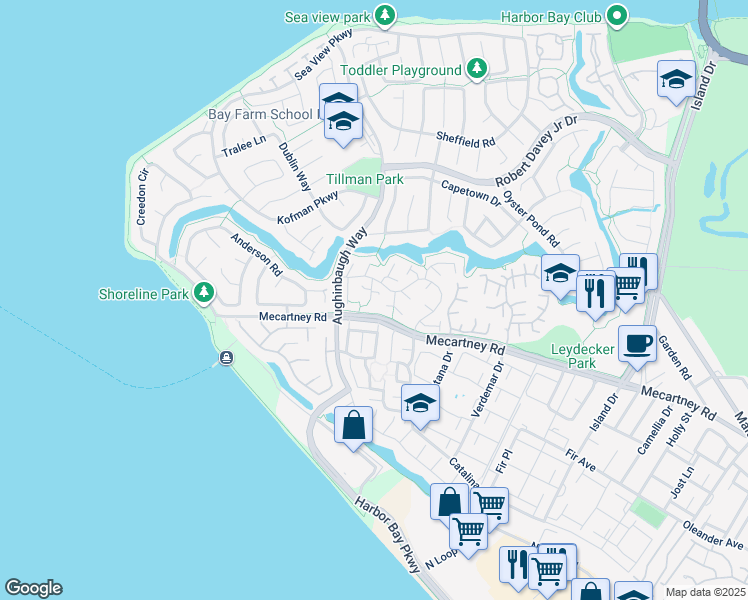 map of restaurants, bars, coffee shops, grocery stores, and more near 427 Indian Bay in Alameda