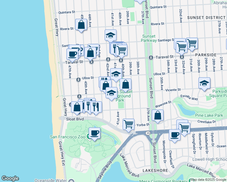 map of restaurants, bars, coffee shops, grocery stores, and more near 2594 41st Avenue in San Francisco