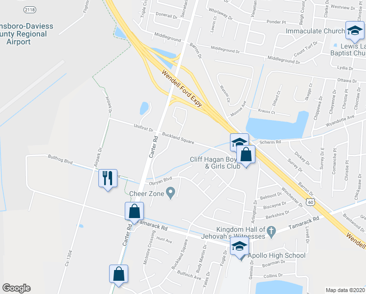 map of restaurants, bars, coffee shops, grocery stores, and more near 3246 Buckland Square in Owensboro