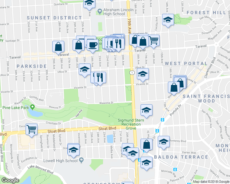 map of restaurants, bars, coffee shops, grocery stores, and more near 2635 21st Avenue in San Francisco
