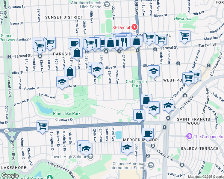 map of restaurants, bars, coffee shops, grocery stores, and more near 2630 23rd Avenue in San Francisco