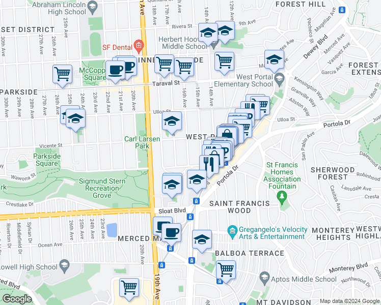 map of restaurants, bars, coffee shops, grocery stores, and more near 2650 16th Avenue in San Francisco