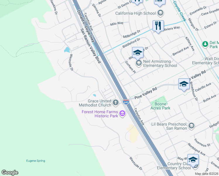 map of restaurants, bars, coffee shops, grocery stores, and more near 1 Terraced Hills Way in San Ramon