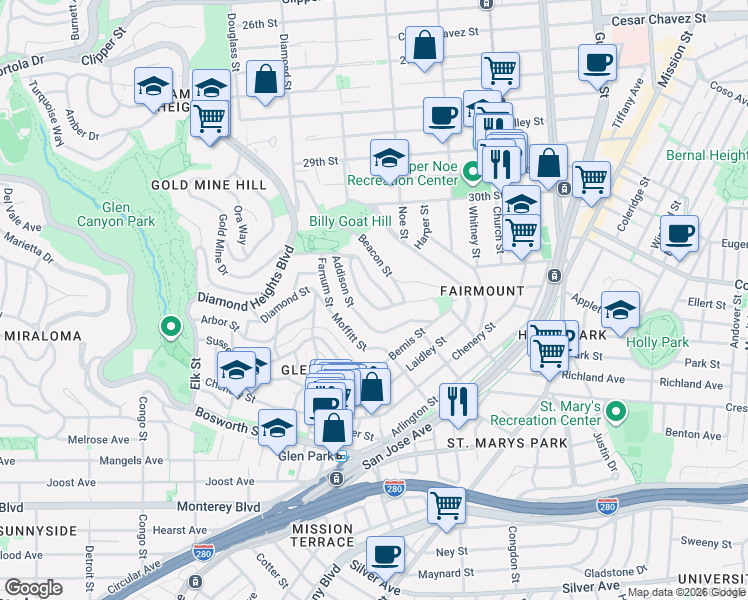 map of restaurants, bars, coffee shops, grocery stores, and more near in San Francisco