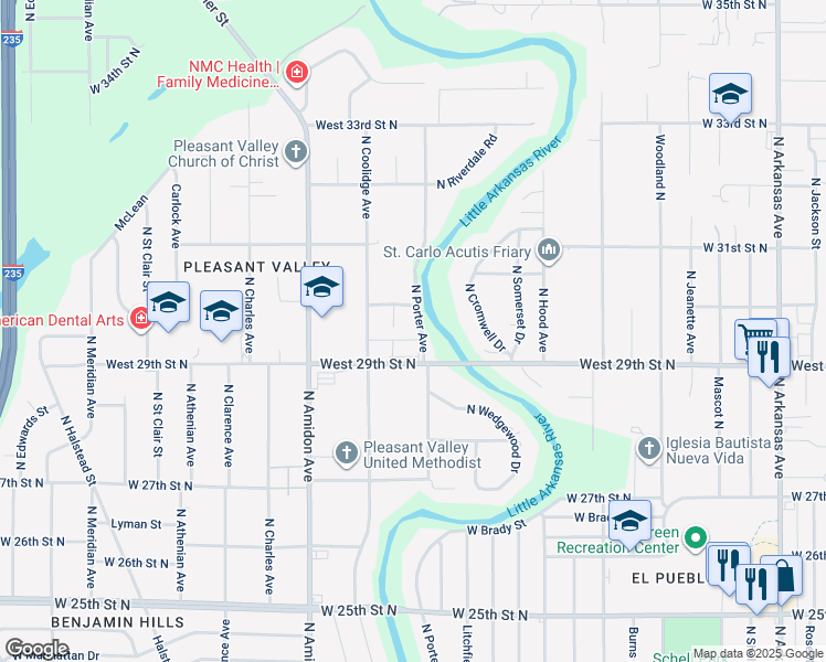 map of restaurants, bars, coffee shops, grocery stores, and more near 3025 North Porter Avenue in Wichita