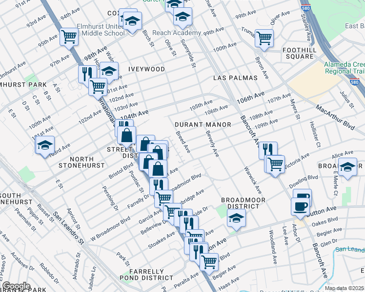 map of restaurants, bars, coffee shops, grocery stores, and more near 10801 Breed Avenue in Oakland