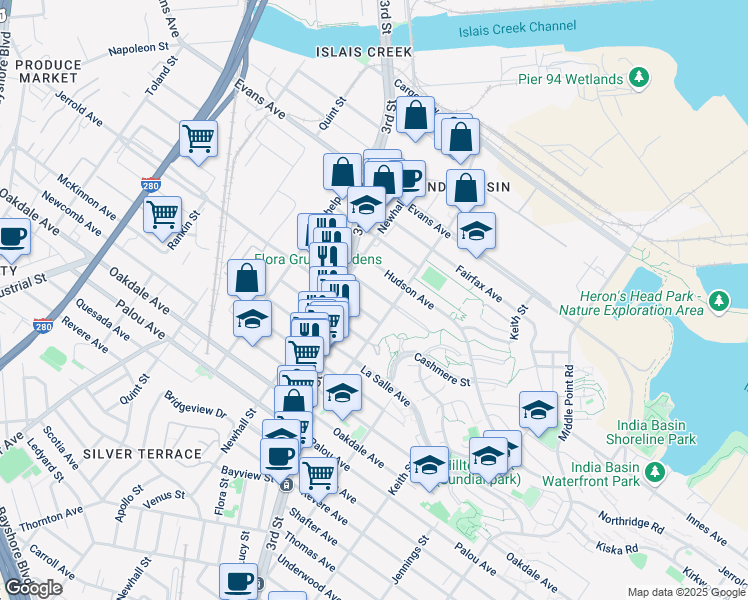map of restaurants, bars, coffee shops, grocery stores, and more near 1535 Innes Avenue in San Francisco