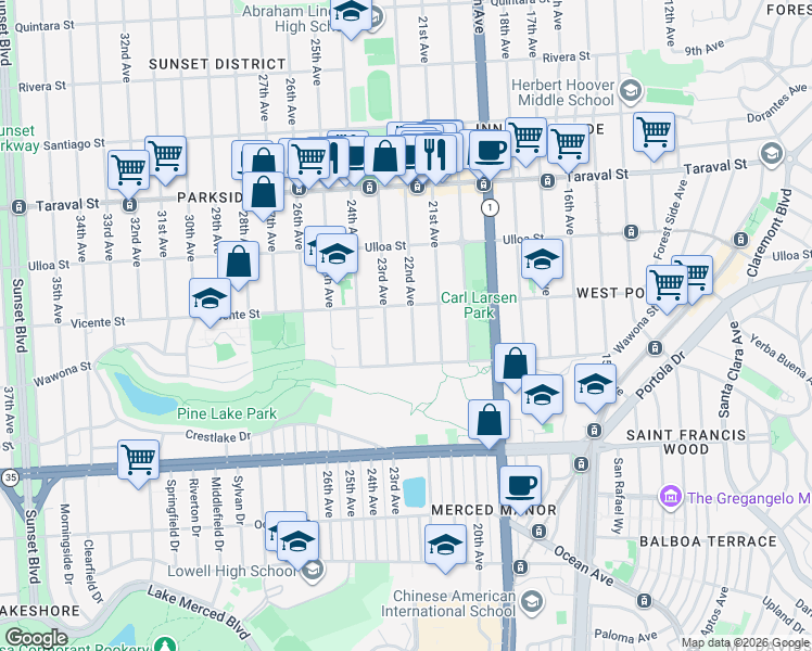 map of restaurants, bars, coffee shops, grocery stores, and more near 2631 22nd Avenue in San Francisco
