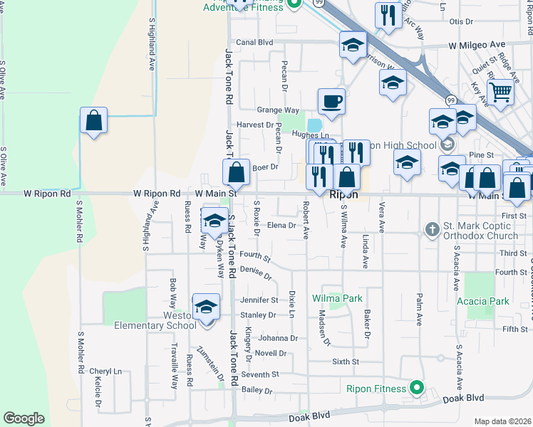 map of restaurants, bars, coffee shops, grocery stores, and more near 138 Roxie Drive in Ripon