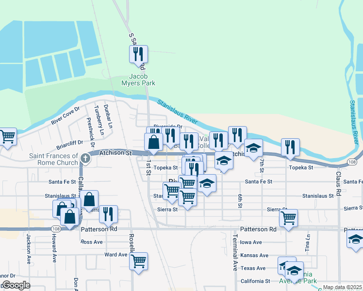 map of restaurants, bars, coffee shops, grocery stores, and more near 3 3rd W Of Street in Riverbank
