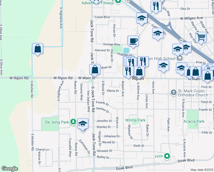 map of restaurants, bars, coffee shops, grocery stores, and more near 138 Roxie Drive in Ripon