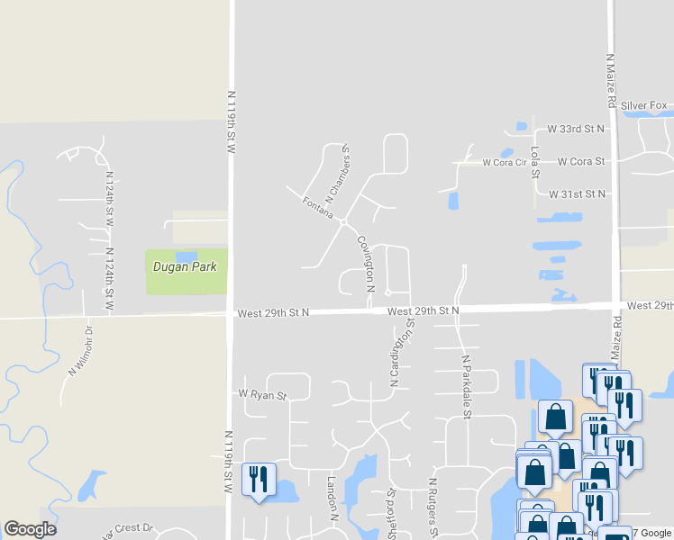 map of restaurants, bars, coffee shops, grocery stores, and more near 3057 North Covington Court in Wichita