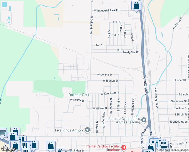 map of restaurants, bars, coffee shops, grocery stores, and more near 1101-1199 North Oakland Avenue in Carbondale