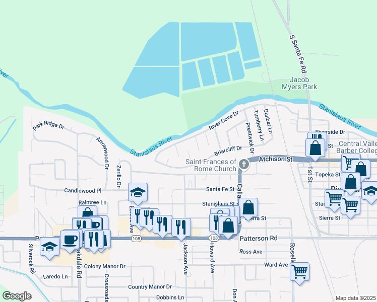 map of restaurants, bars, coffee shops, grocery stores, and more near 7099 Burning Tree Court in Riverbank