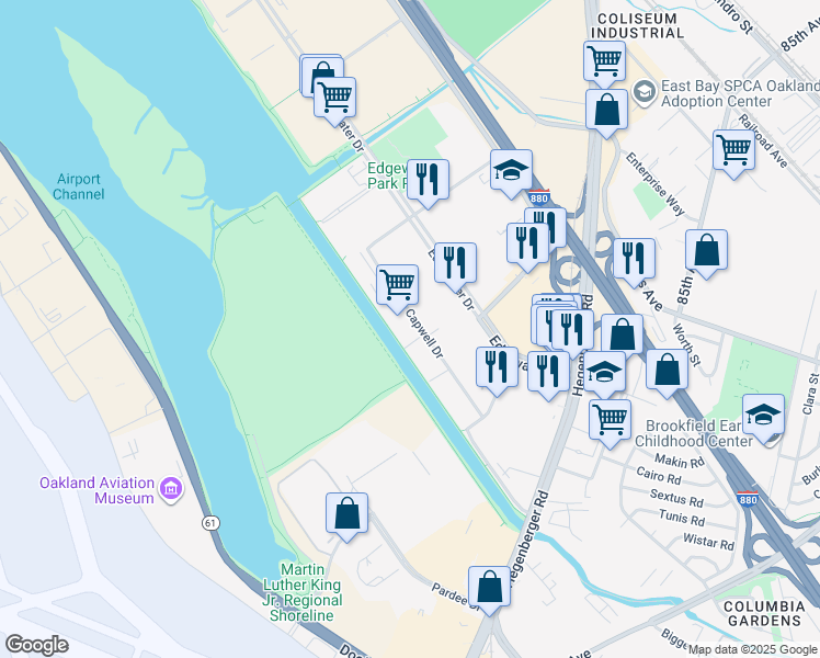 map of restaurants, bars, coffee shops, grocery stores, and more near 8105 Capwell Drive in Oakland