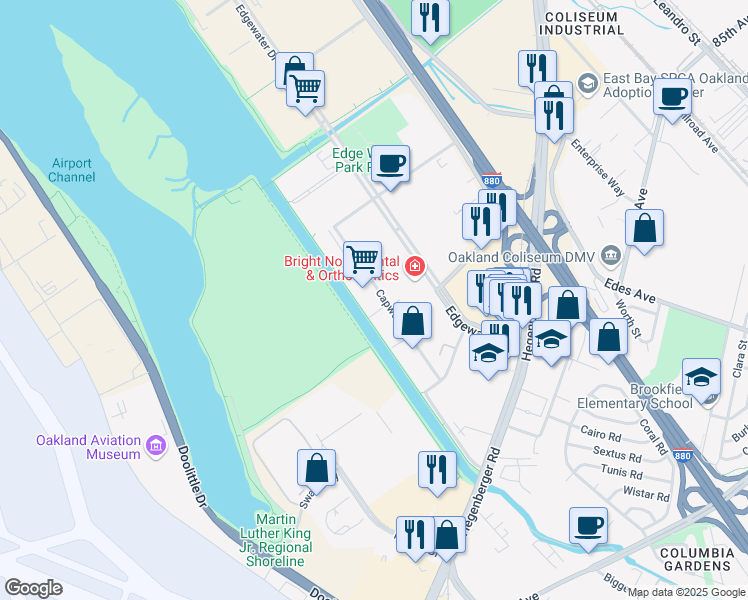 map of restaurants, bars, coffee shops, grocery stores, and more near 8105 Capwell Drive in Oakland
