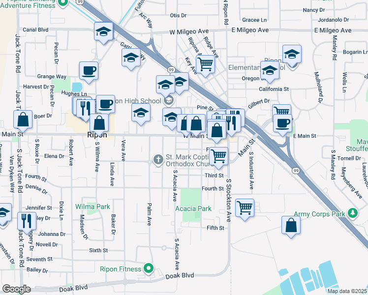 map of restaurants, bars, coffee shops, grocery stores, and more near 413 1st Street in Ripon