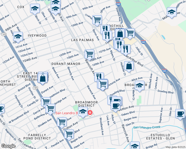 map of restaurants, bars, coffee shops, grocery stores, and more near 235 Bancroft Avenue in San Leandro