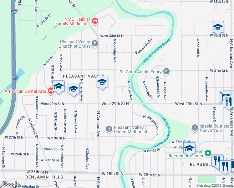 map of restaurants, bars, coffee shops, grocery stores, and more near 3032 North Coolidge Avenue in Wichita
