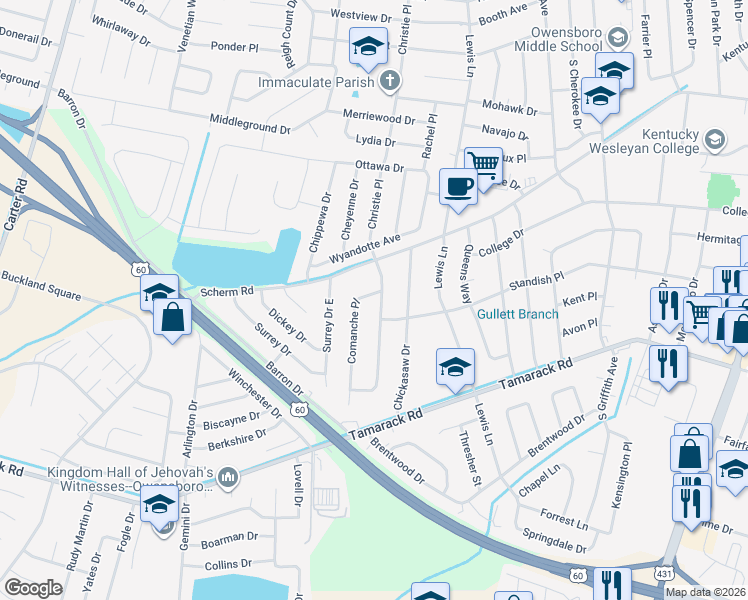 map of restaurants, bars, coffee shops, grocery stores, and more near 3307 Comanche Pl in Owensboro