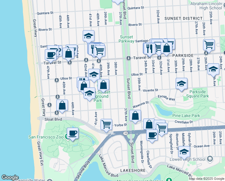 map of restaurants, bars, coffee shops, grocery stores, and more near 2599 38th Avenue in San Francisco