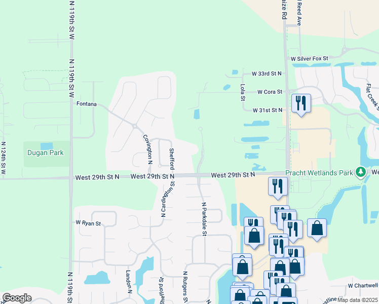 map of restaurants, bars, coffee shops, grocery stores, and more near 3102 North Shefford Street in Wichita